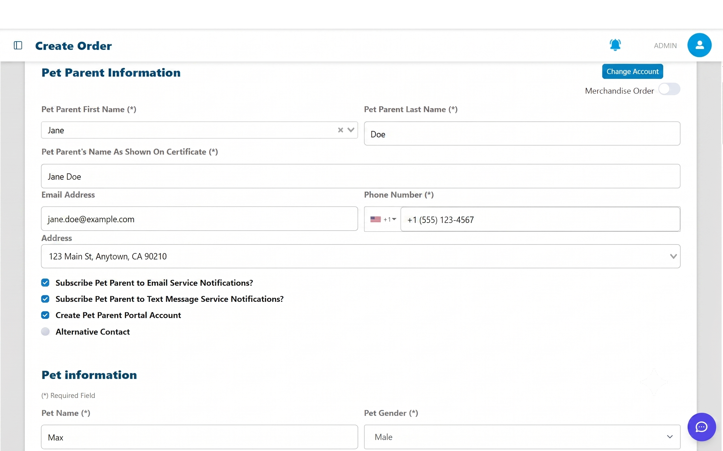 Aftercare order form with pet parent and pet information