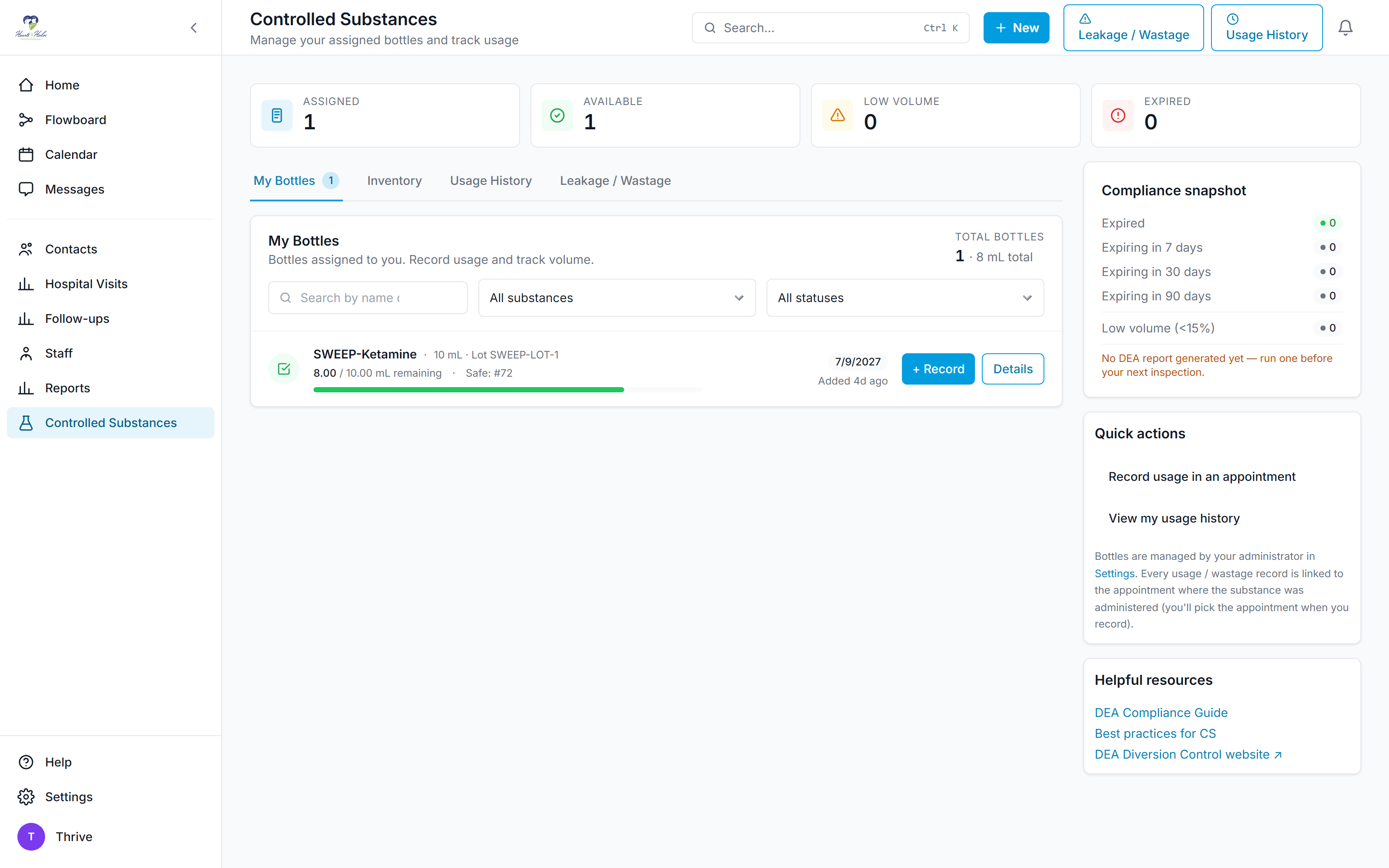 Controlled substances log with bottle tracking and compliance snapshot